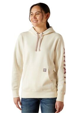Ariat Cream Hoodie with Pink Script Sleeve